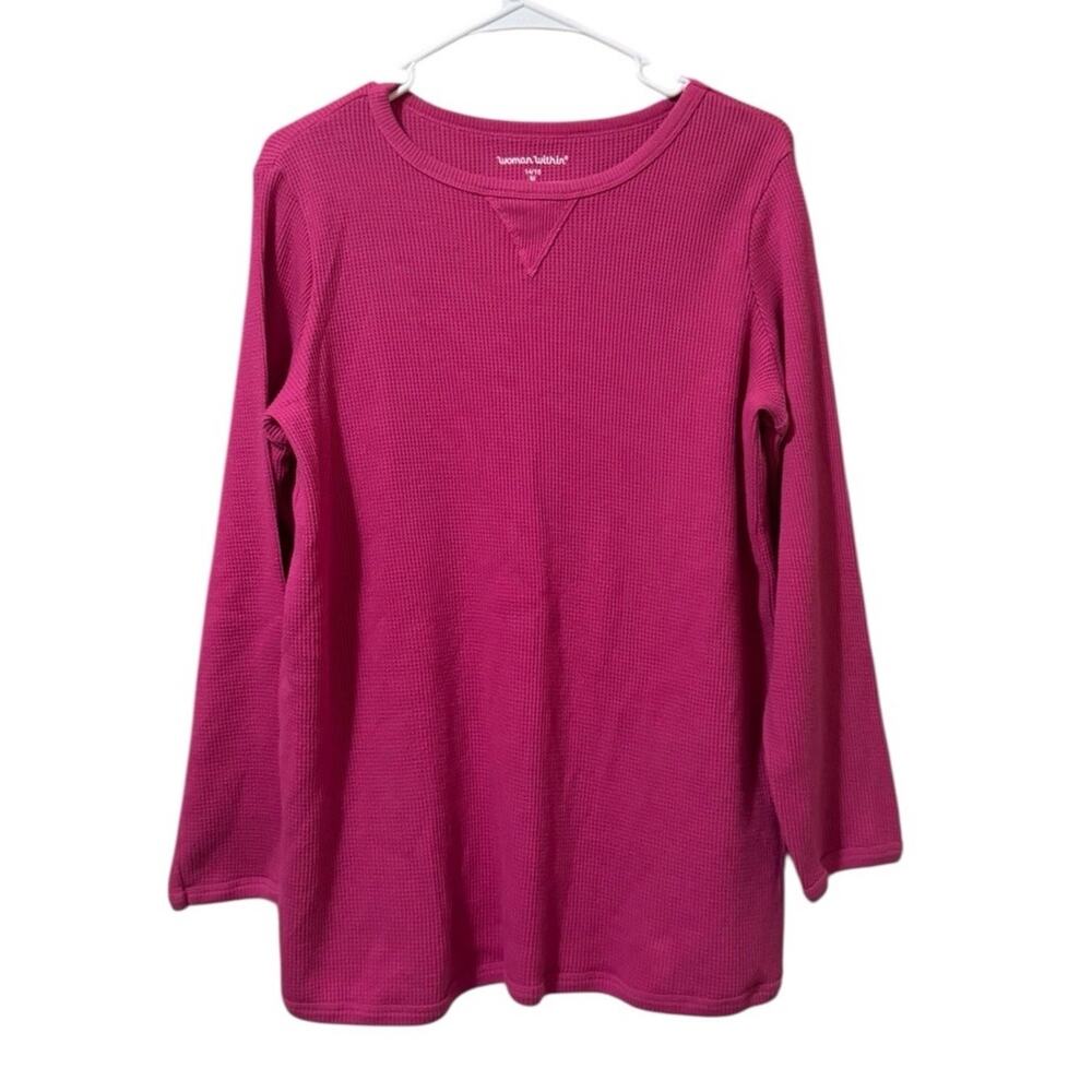 Woman Within Waffle Knit Shirt Long Sleeve Size M 14/16 Pink Cotton Blend Winter